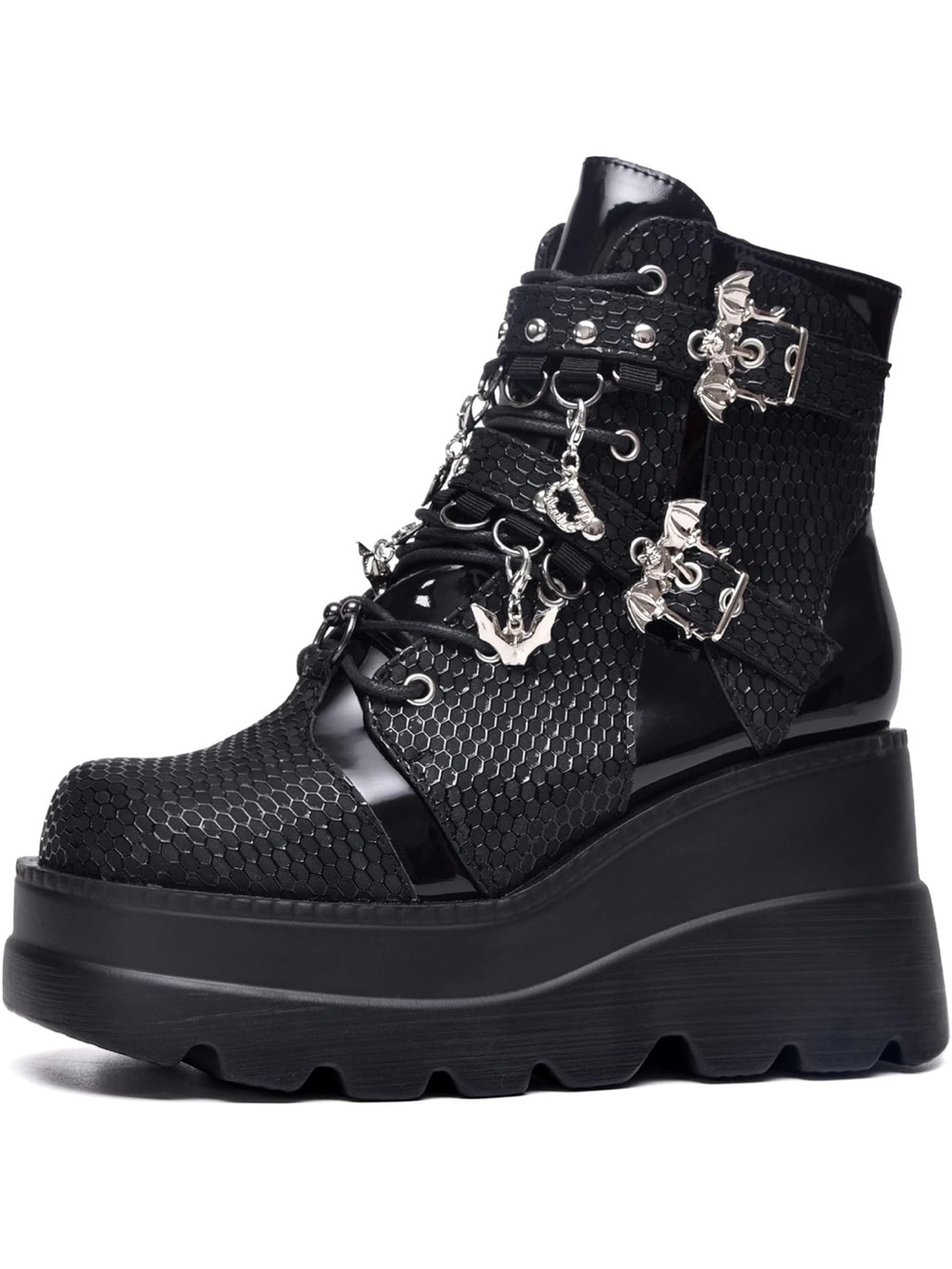 Gothniero Platform Lace-Up Ankle Boots with Decorative Buckles - Black
